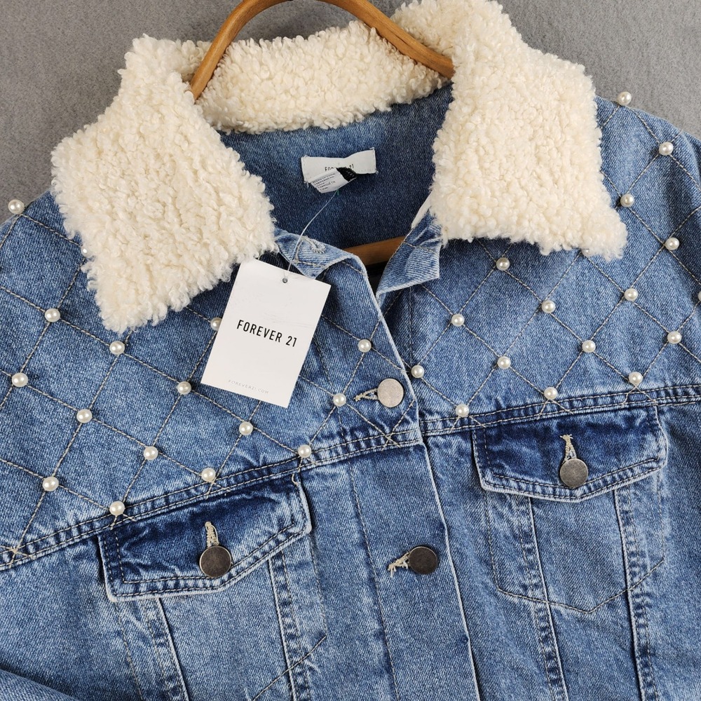 Forever 21 Sherpa Lined Pearl Stud‎ Denim Trucker Jacket Western Y2K Small Core